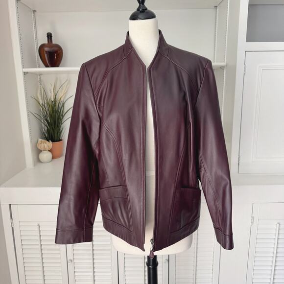 Talbots Burgundy Collarless Leather Moto Jacket Size 14 - Picture 1 of 7